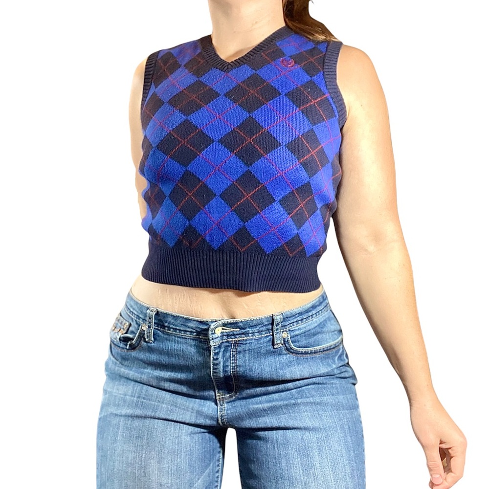 Chaps Y2K Blue Red Checkered Preppy Cropped Stretchy Sweater Vest Fits Small
